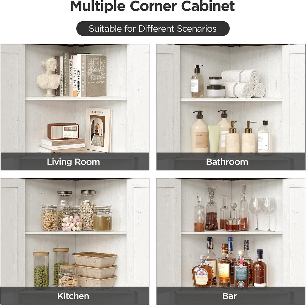 Vabches Tall Corner Cabinet, Corner Bathroom Cabinet, 67' Farmhouse Storage Cabinet with 4 Doors and Adjustable Shelves, Home Space Saver for Bathroom, Kitchen, Living Room, Pantry, Distressed White