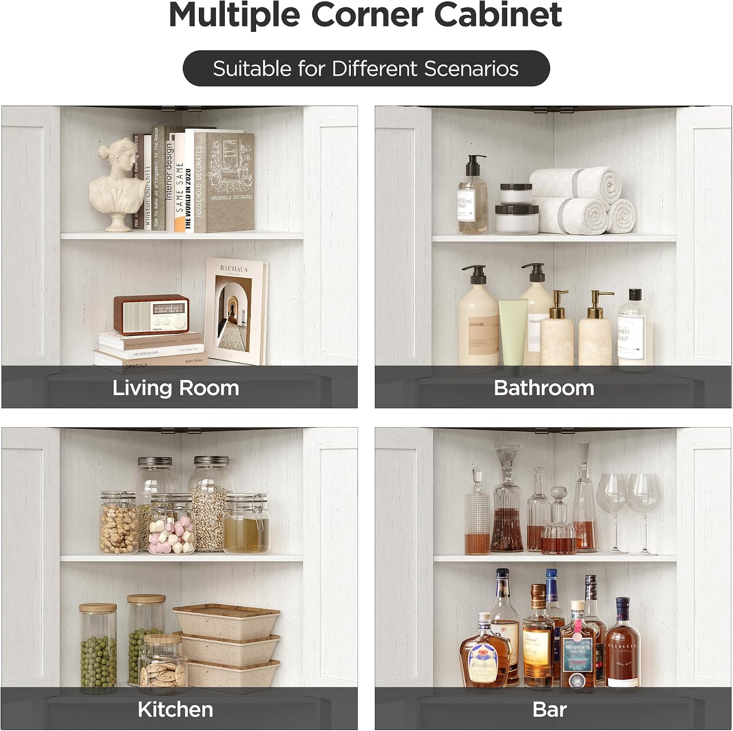 Vabches Tall Corner Cabinet, Corner Bathroom Cabinet, 67' Farmhouse Storage Cabinet with 4 Doors and Adjustable Shelves, Home Space Saver for Bathroom, Kitchen, Living Room, Pantry, Distressed White