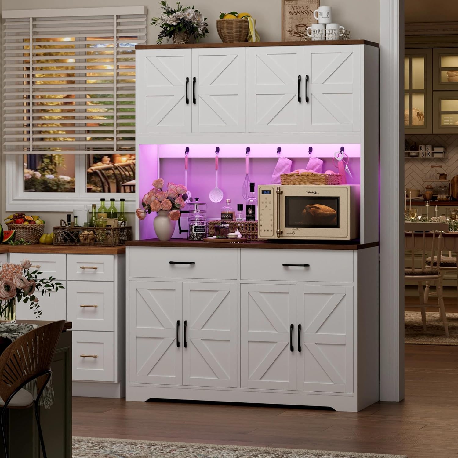HIFIT 71' Tall Kitchen Pantry Cabinet with RGB LED and Charging Station, Farmhouse Coffee Bar Cabinet with Large Countertop and 6 Hooks, Kitchen Hutch Storage Cabinet, White
