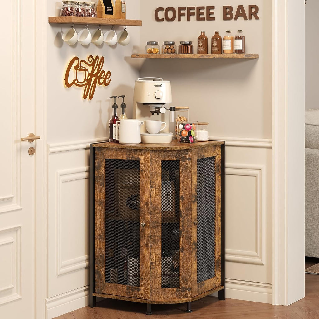 JKsmart Corner Storage Cabinet with Open Shelf, 3-Tier Industrial Wine Bar Shelf with Door, Industrial Corner Cabinet for Kitchen, Dining Room, Rustic Brown