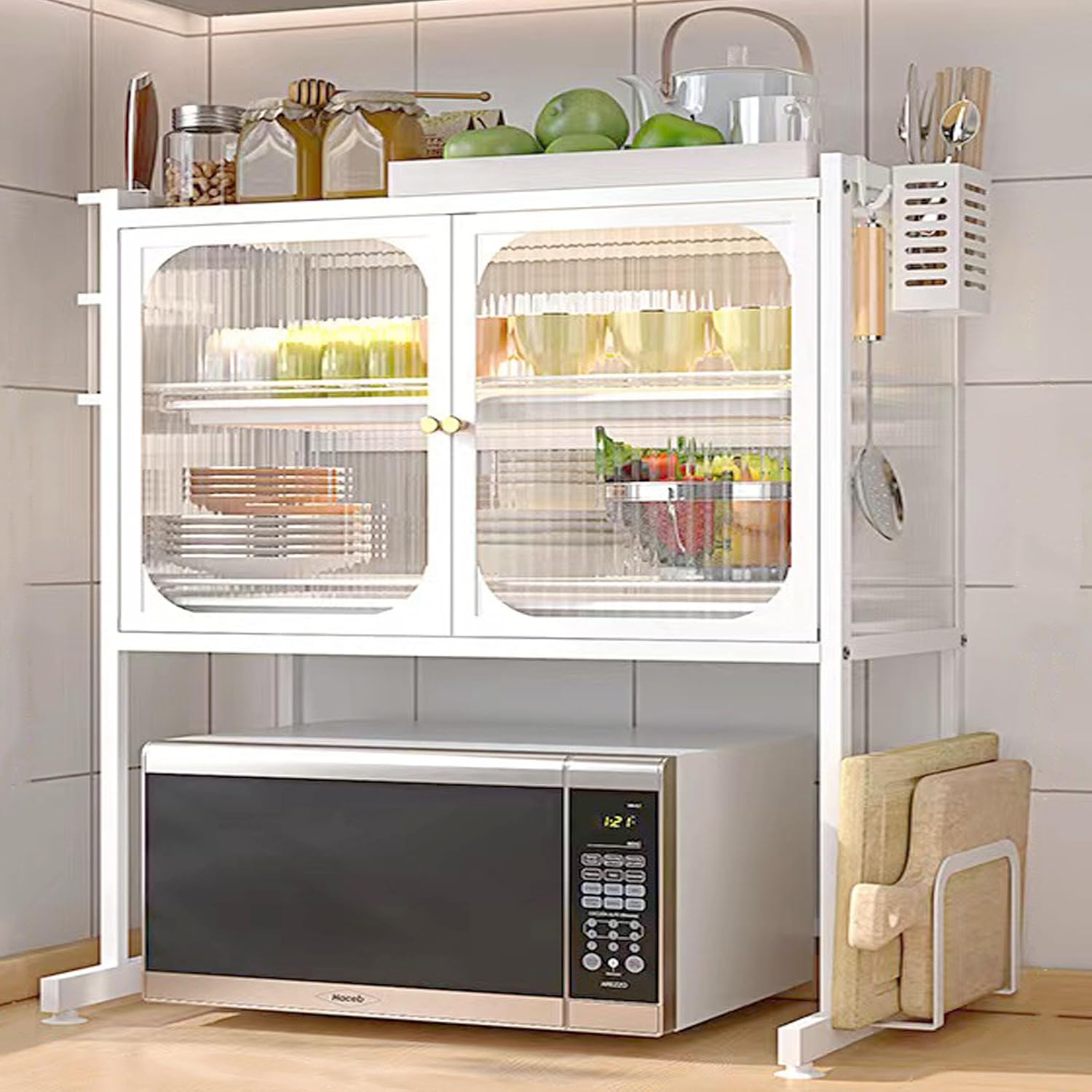 Kitchen Countertop Microwave Oven Rack,Microwave Stand,Microwave Shelf with Storage Cabinet,Suitable for Tabletop Tableware Storage in Kitchens and Restaurants (White)