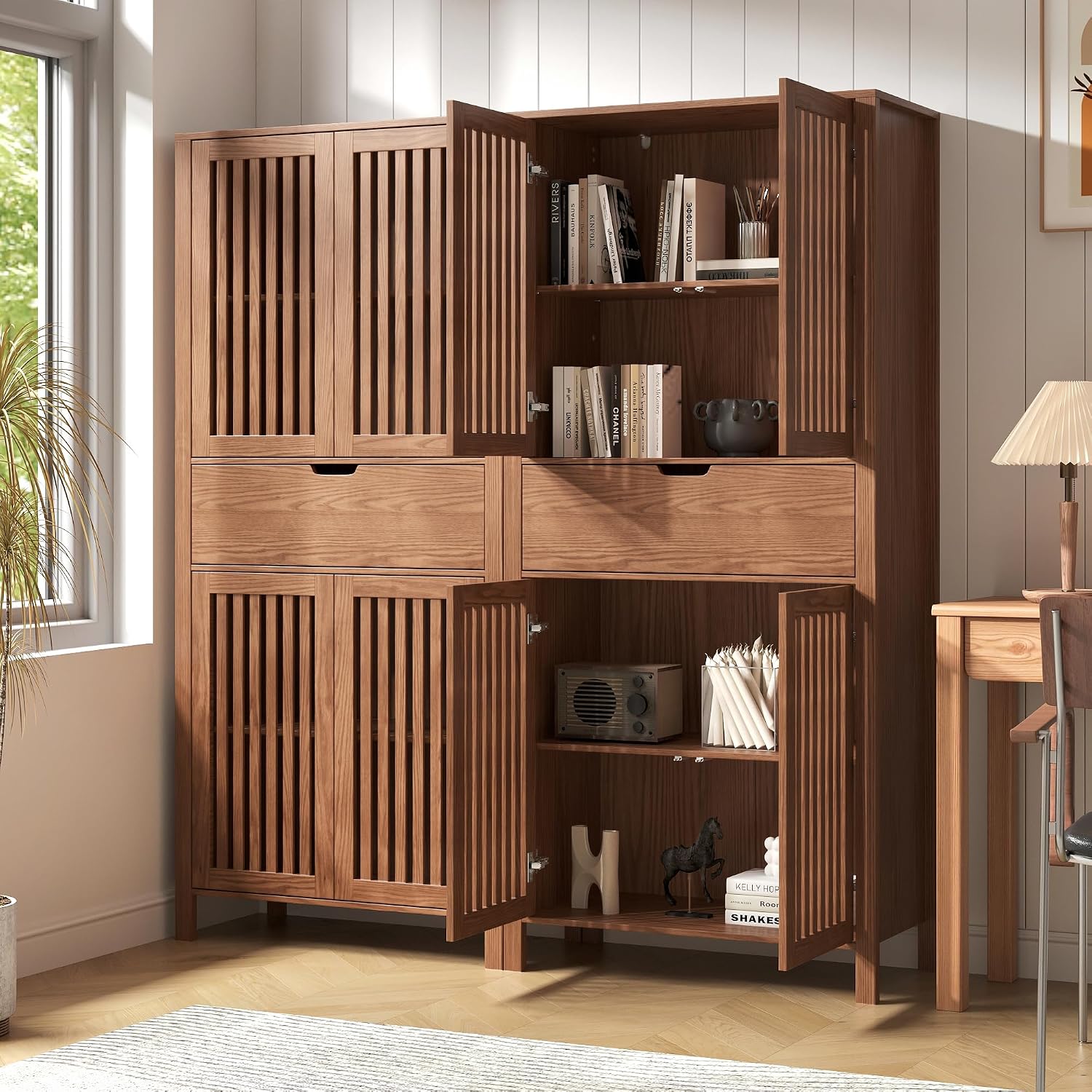 BVIUNTWO Set of 2 Rustic Brown 69' Tall Farmhouse Storage Cabinet with Drawer & Adjustable Shelves, Grille Door Organizer Unit, Anti-Tip Design for Bathroom,Kitchen,Living Room