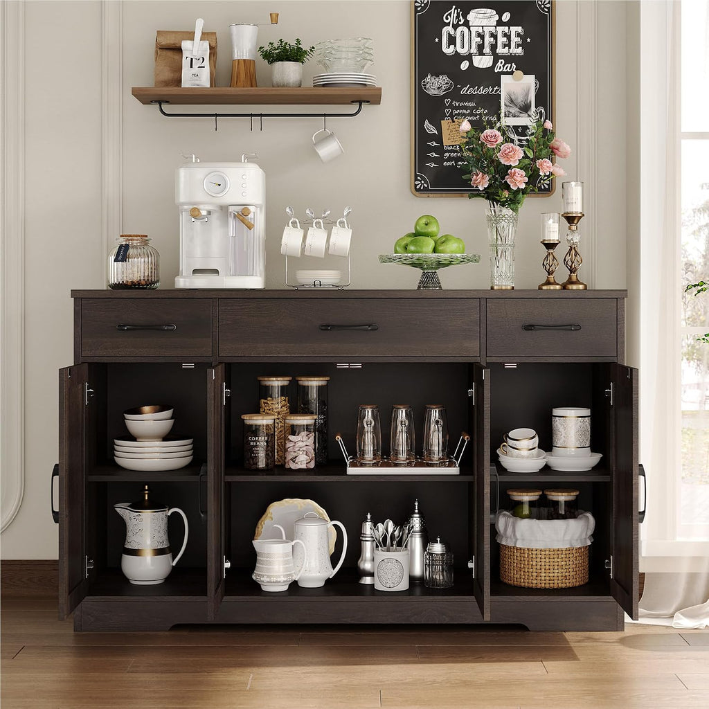 HOSTACK Buffet Cabinet with Drawers, 55' Large Sideboard Buffet Storage Cabinet with Shelves and Doors, Modern Farmhouse Coffee Bar Station Wood Kitchen Table for Kitchen, Dining Room, Dark Brown
