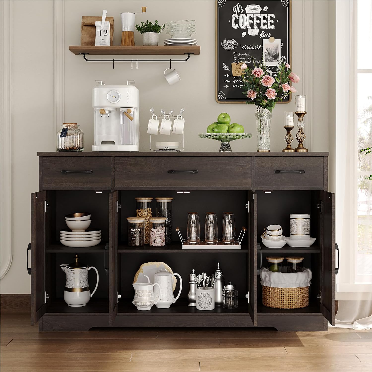 HOSTACK Buffet Cabinet with Drawers, 55' Large Sideboard Buffet Storage Cabinet with Shelves and Doors, Modern Farmhouse Coffee Bar Station Wood Kitchen Table for Kitchen, Dining Room, Dark Brown