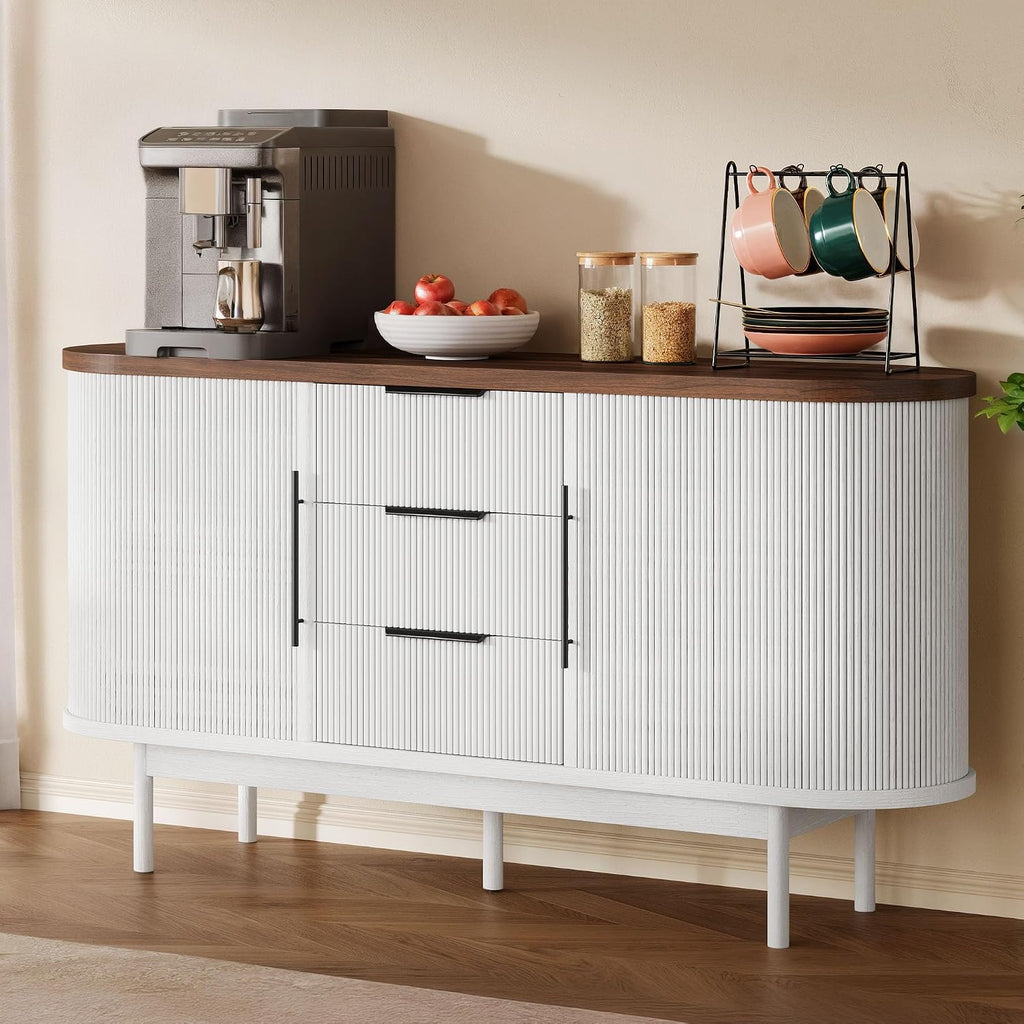 DWVO Modern TV Stand for 60 inch TVs, Fluted Entertainment Center with 3 Drawers & Storage Cabinet, Sliding Door & Adjustable Shelf, Media Console for Living Room, White & Brown
