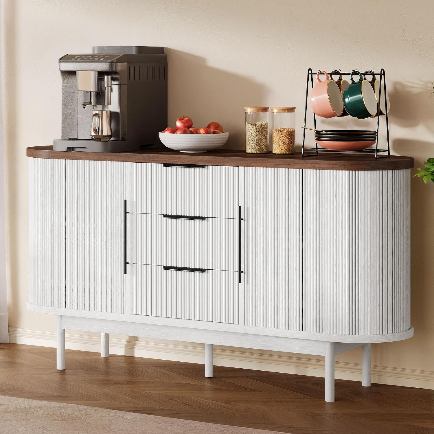 DWVO Modern TV Stand for 60 inch TVs, Fluted Entertainment Center with 3 Drawers & Storage Cabinet, Sliding Door & Adjustable Shelf, Media Console for Living Room, White & Brown