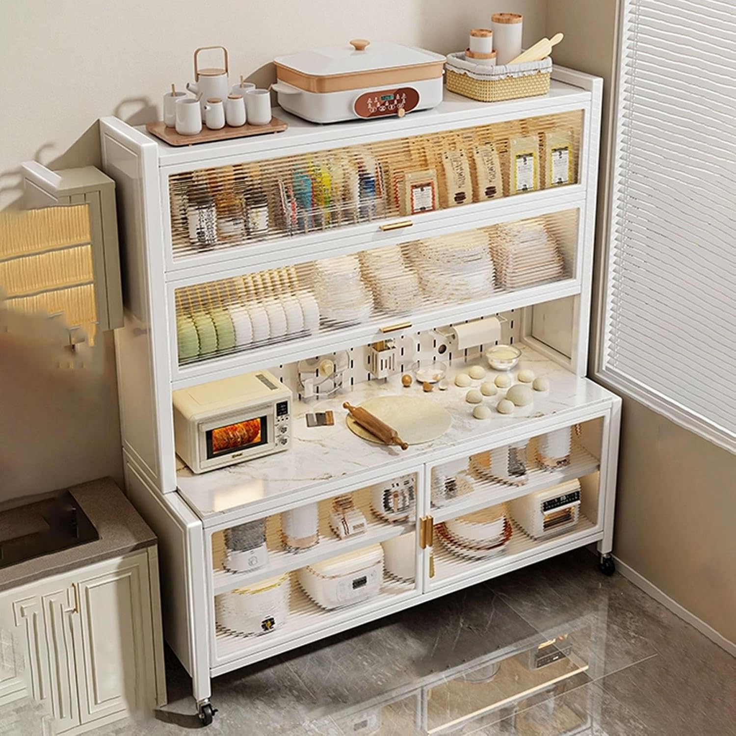 JKGHK Kitchen Pantry Storage Cabinet, Kitchens Baker's Rack with Acrylic Cabinet Door, Buffet Cabinets On Wheels with Pegboard, for Garage Pantry Home Spices(White,24x68in)