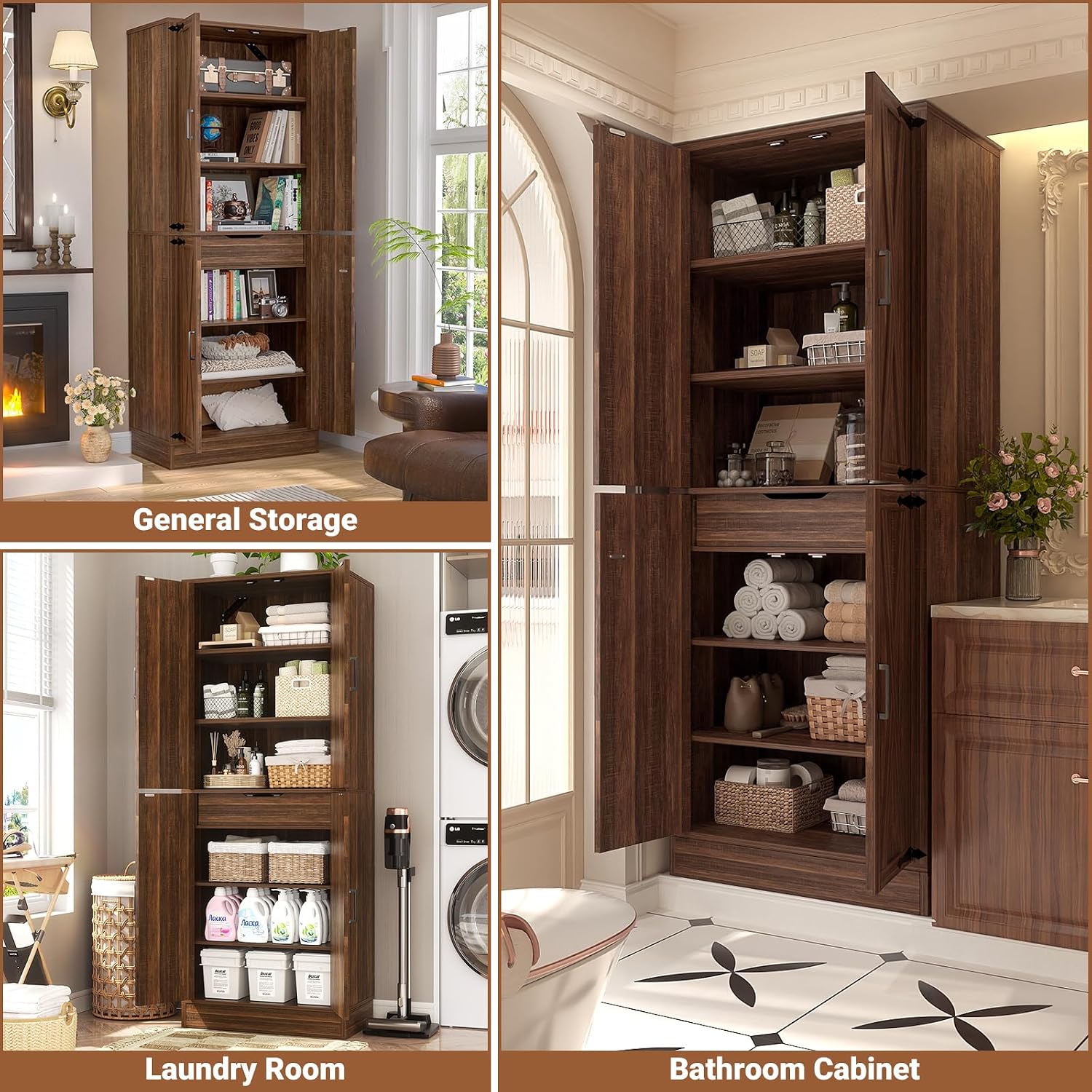Unikito 71' Farmhouse Kitchen Pantry Storage Cabinet with Barn Doors, Adjustable Shelves & Drawer Organizer, Versatile Tall Storage Cupboard for Dining Room, Bathroom, Utility Room, Weathered Brown