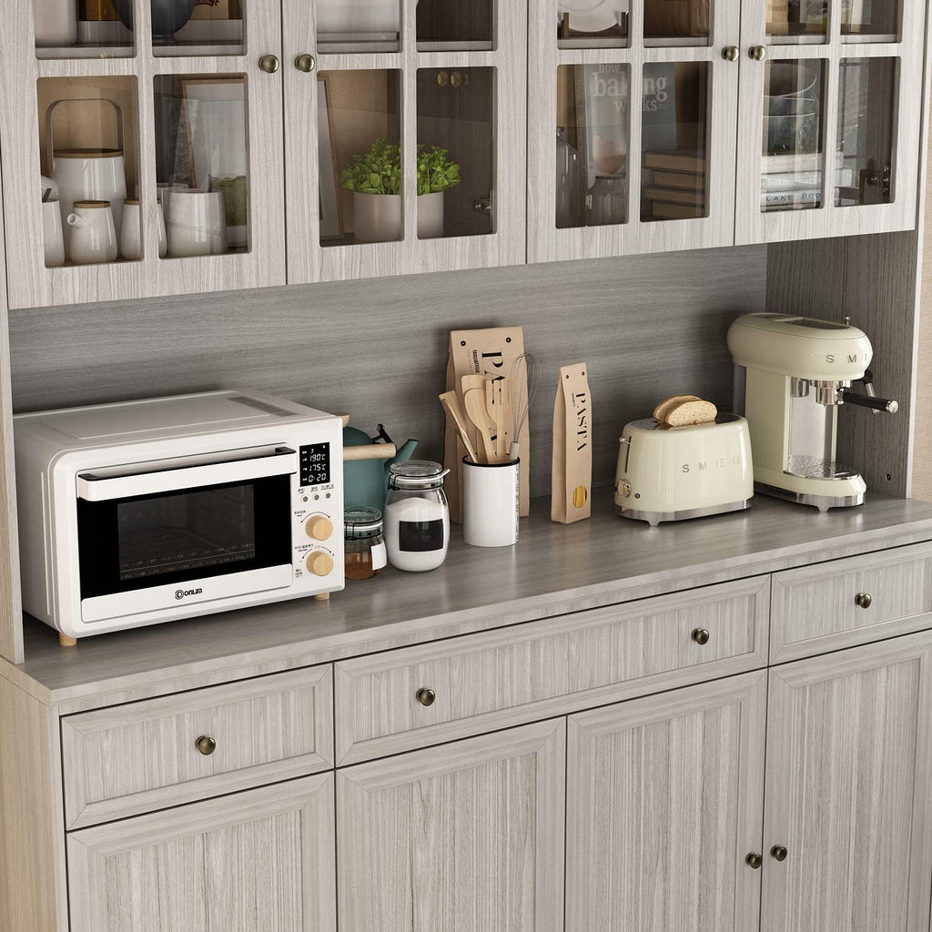 FUFU&GAGA 74.8' Tall Kitchen Pantry Cabinet with 5 Tiers Shelf, 8 Doors & 3 Drawers & Microwave Stand, Freestanding Hutch Cabinet with Buffet Cupboard for Kitchen, Dinningroom
