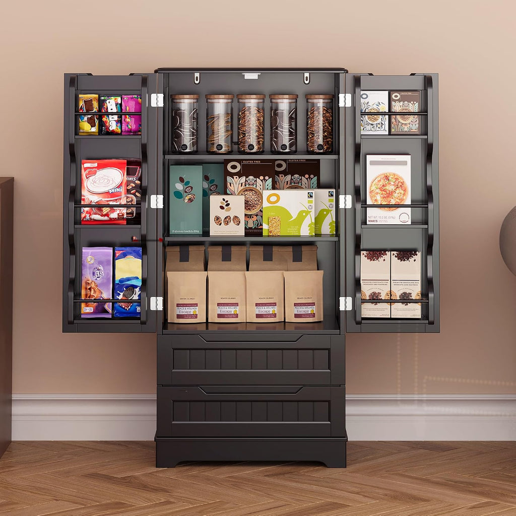 Gizoon Kitchen Pantry Cabinet with Drawers, 47' Small Food Pantry Storage Cabinet with 6 Door Shelves for Snack and Spice, Freestanding Craft Storage Cabinet for Craft Room, Black, Painted