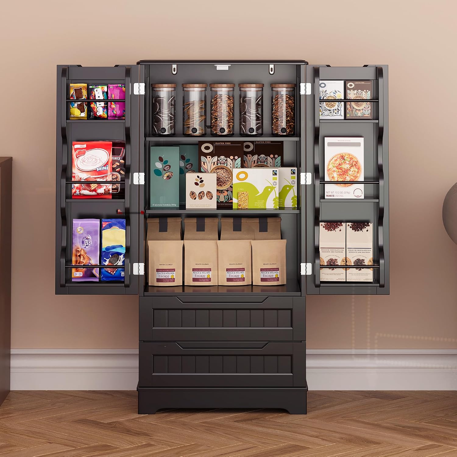 Gizoon Kitchen Pantry Cabinet with Drawers, 47' Small Food Pantry Storage Cabinet with 6 Door Shelves for Snack and Spice, Freestanding Craft Storage Cabinet for Craft Room, Black, Painted