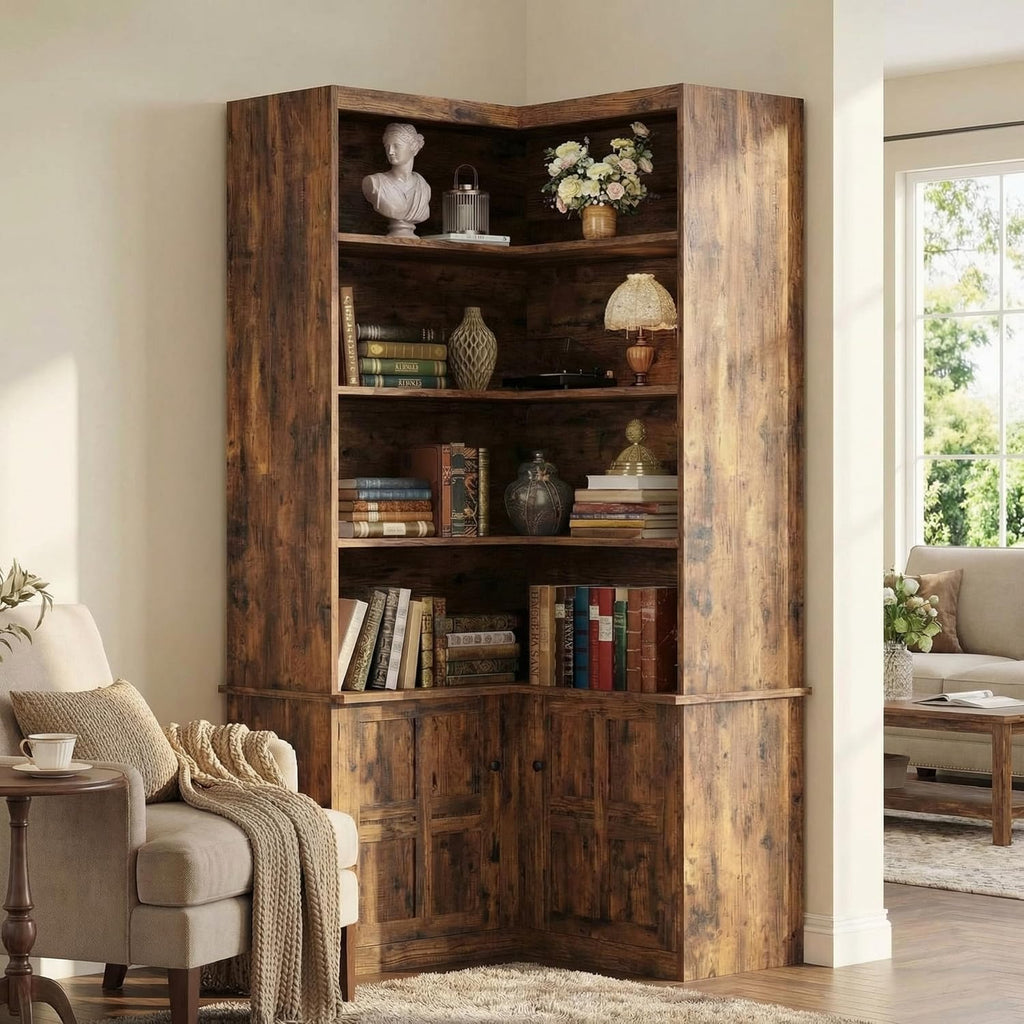 IRONCK Corner Bookshelf with Doors, 6-Tier Tall Corner Bookcase with Storage Cabinet, L-Shaped Corner Shelf for Living Room, Home Office, Vintage Brown