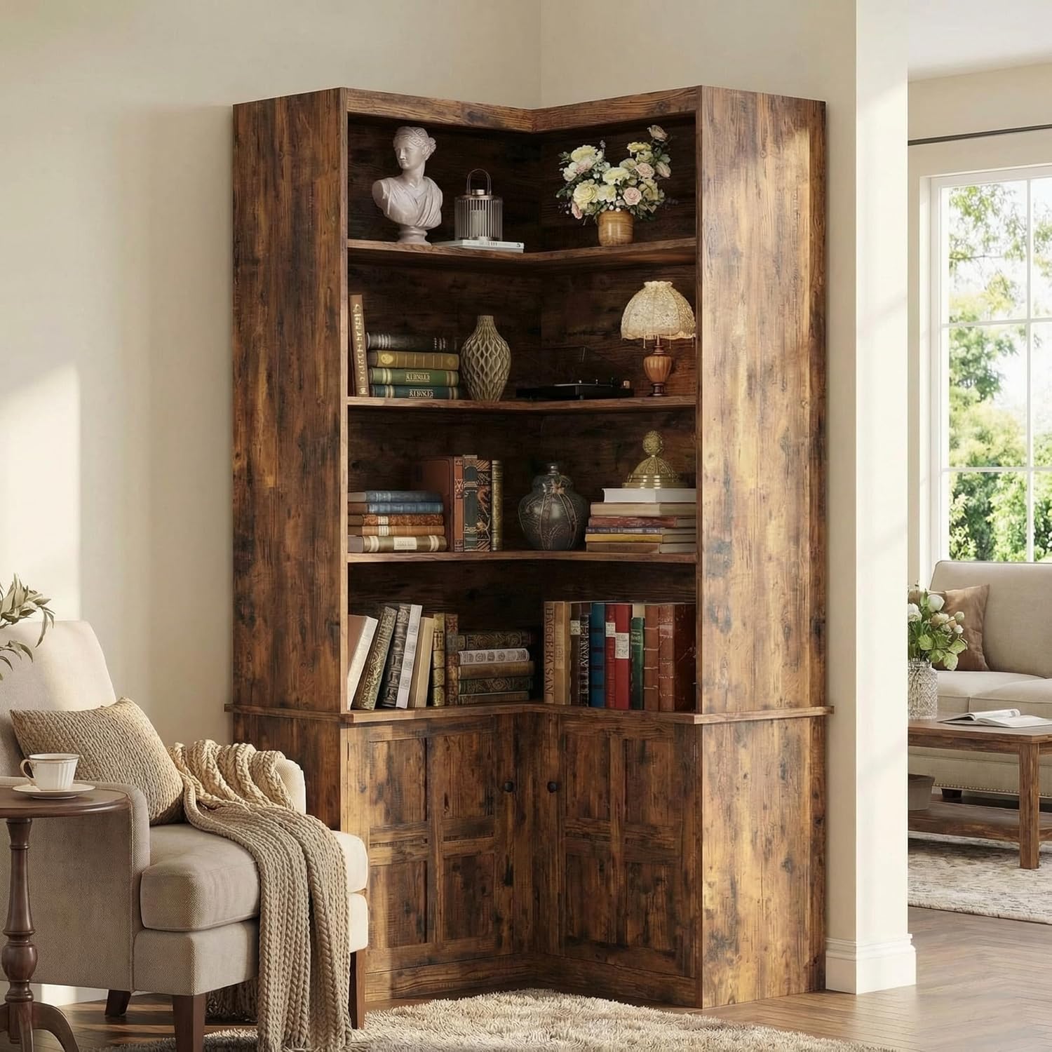 IRONCK Corner Bookshelf with Doors, 6-Tier Tall Corner Bookcase with Storage Cabinet, L-Shaped Corner Shelf for Living Room, Home Office, Vintage Brown