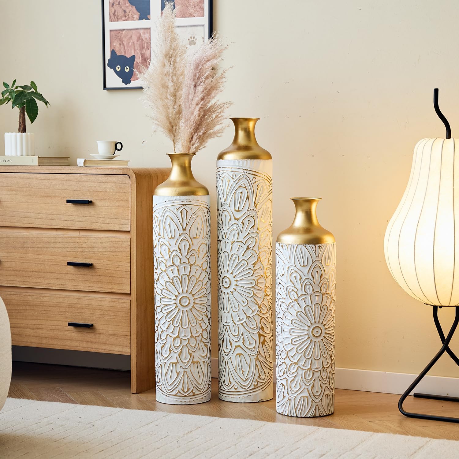 Luxury 3-Piece Floor Metal Vase Set - White & Gold Droplet Shaped Decor for Sophisticated Home Styling - Large Glazed Metal Vases to Impress Guests