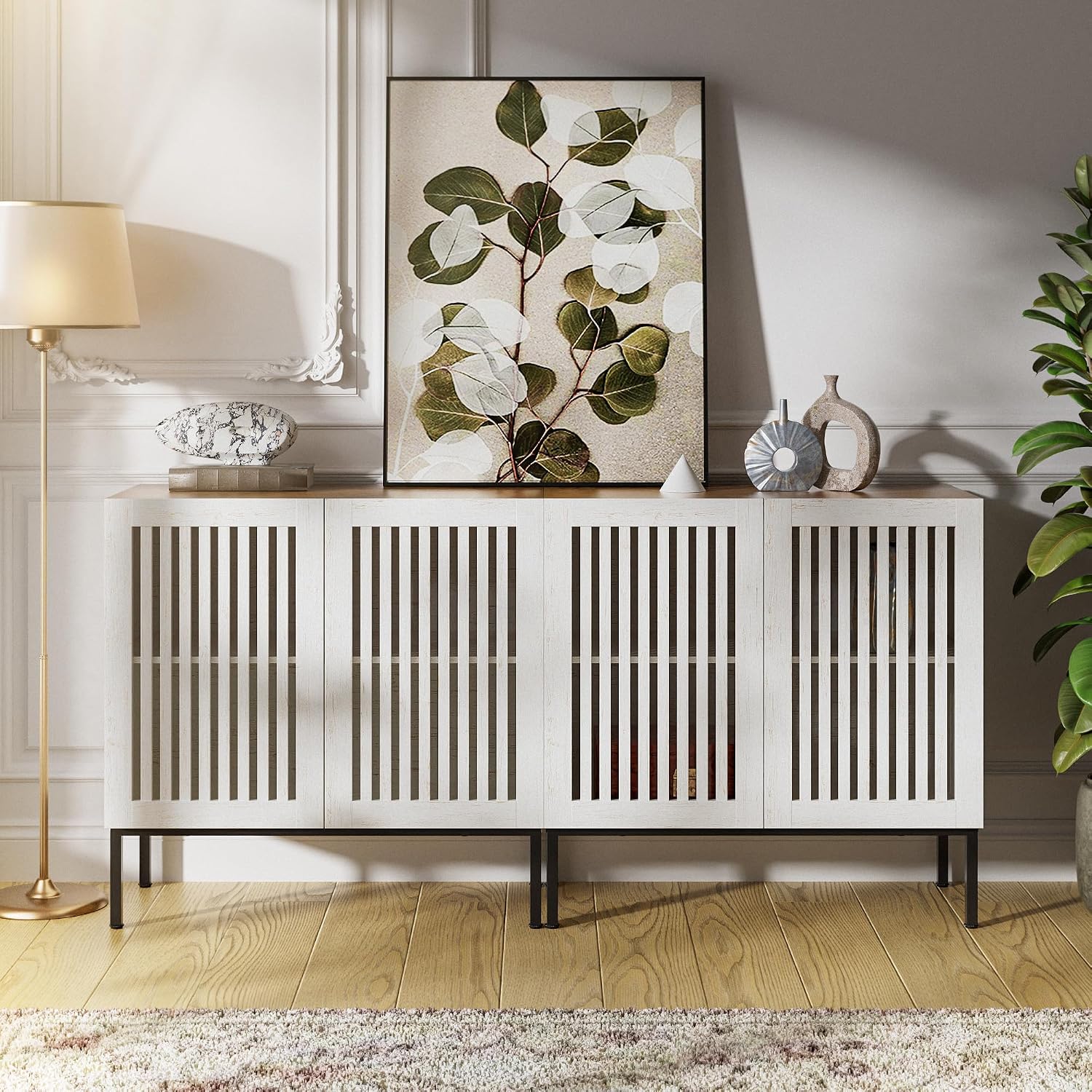 BVIUNTWO Set of 2 White Farmhouse Buffet Cabinet with Storage,Metal Base Console Table with Adjustable Shelves & 4 Doors, Antique White Sideboard for Kitchen, Dining Room, Living Room