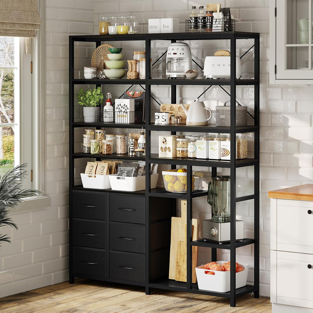 HAUOMS Corner Bookshelf, 7-Tier Bookcases Tall Convertible Book Shelf with 6 Fabric Drawers, Industrial Corner Bookshelves for Living Room, Kitchen, Home Office, Rustic Black