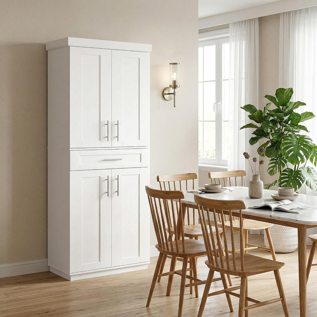 HOMCOM 72' Kitchen Pantry Cabinet, Freestanding Tall Storage Cabinet with 4 Doors, Drawer and 3 Adjustable Shelves for Dining Room, White