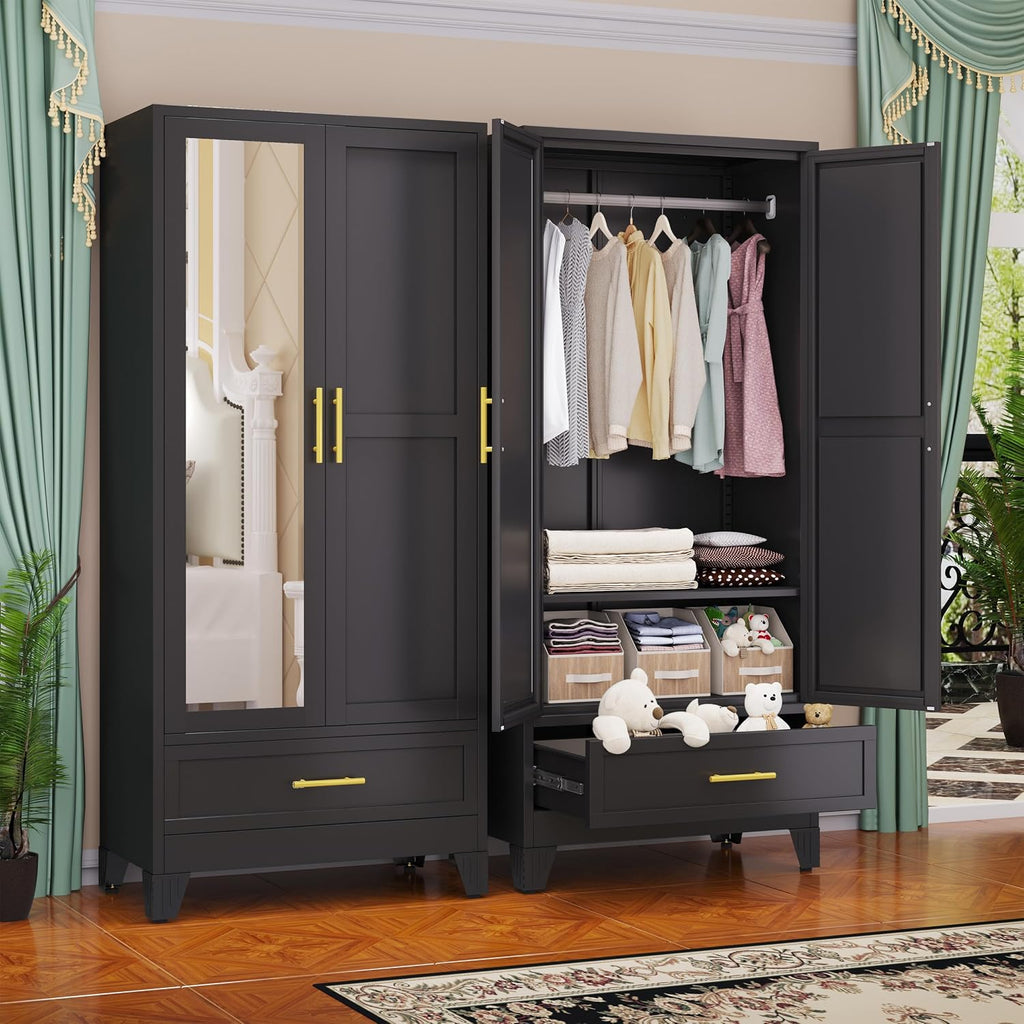 GAIOUS Steel Armoire Wardrobe Closet with Mirror Doors, 71' Household Wardrobe Cabinet with Hanging Rod and Drawer, Metal Clothing Storage Cabinet with Adjustable Shelf for Bedroom, Cloak, Gym(Black)
