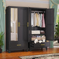 GAIOUS Steel Armoire Wardrobe Closet with Mirror Doors, 71' Household Wardrobe Cabinet with Hanging Rod and Drawer, Metal Clothing Storage Cabinet with Adjustable Shelf for Bedroom, Cloak, Gym(Black)