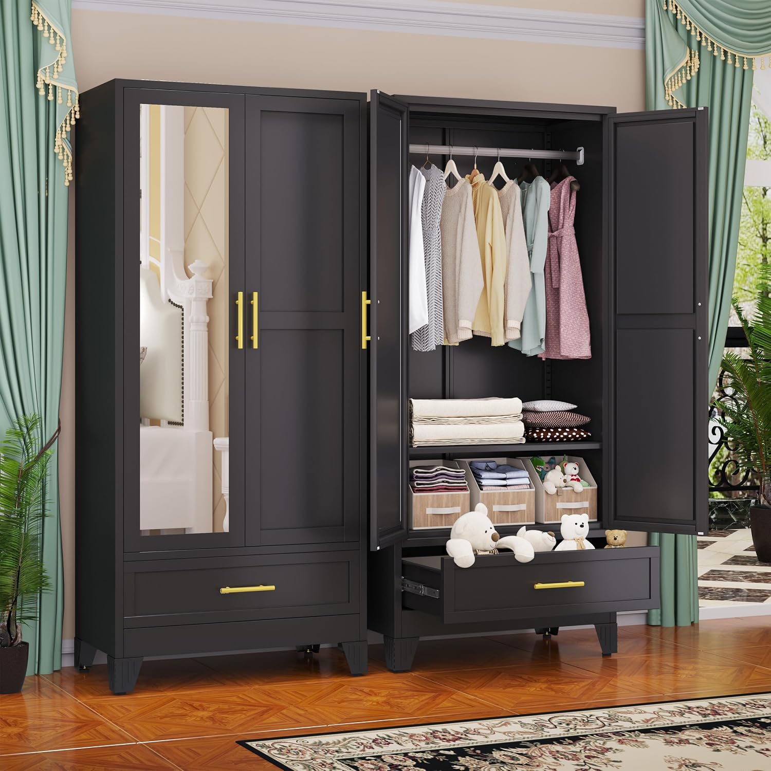 GAIOUS Steel Armoire Wardrobe Closet with Mirror Doors, 71' Household Wardrobe Cabinet with Hanging Rod and Drawer, Metal Clothing Storage Cabinet with Adjustable Shelf for Bedroom, Cloak, Gym(Black)
