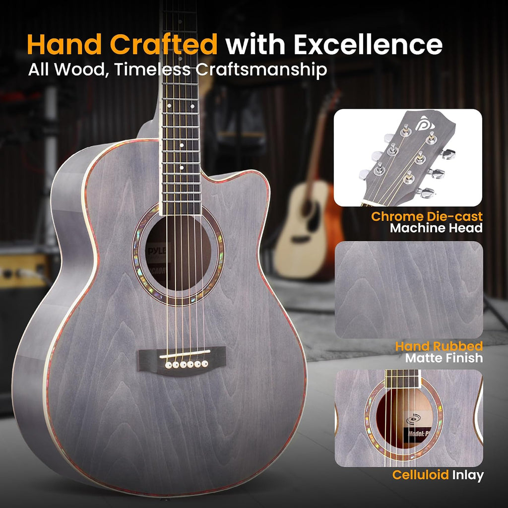 Pyle Acoustic Guitar Kit, 3/4 Junior Size All Wood Steel String Instrument for Beginner Kids, Adults, 36' Matte Gray