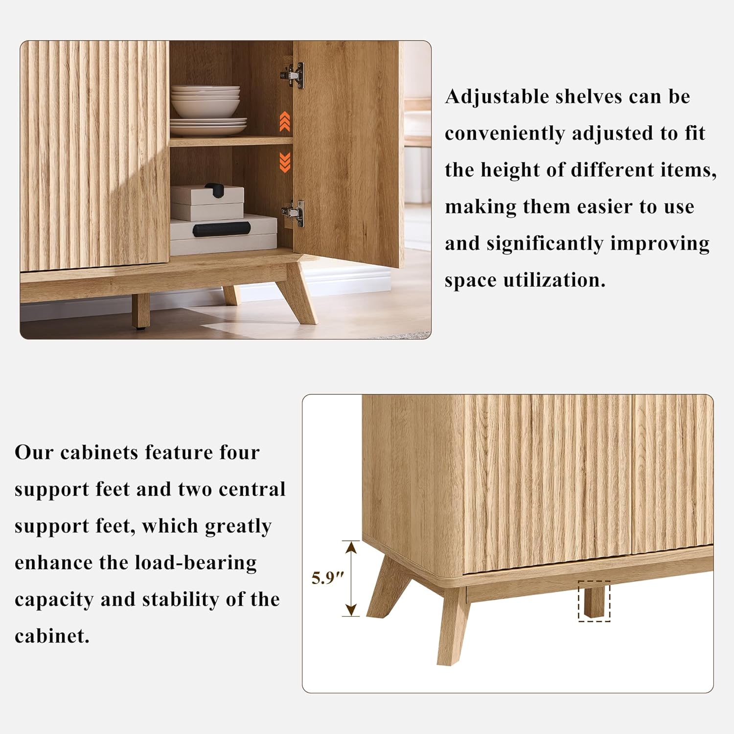 OKD Fluted Storage Cabinet with Drawers, 60' Morden Buffet Sideboard Coffee Bar Cabinet with 4 Doors and 3 Drawers for Dining Room, Living Room,Hallway (Natural Oak)