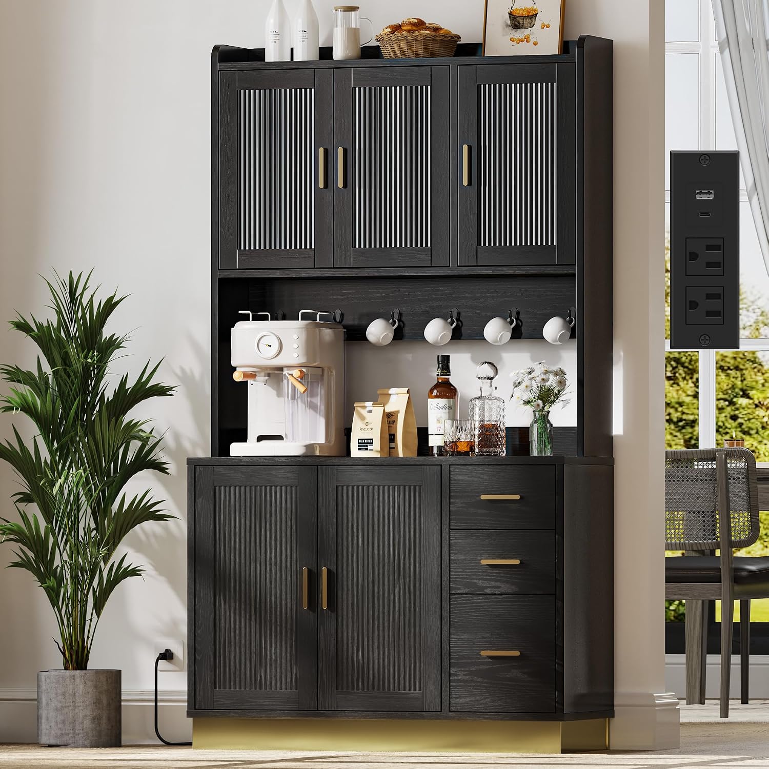 ANCTOR 71' Modern Kitchen Pantry Cabinet with Countertop & Outlet - Tall Storage Cabinet with Adjustable Shelves, Soft-Close Doors, USB/AC Outlet for Kitchen Hutch, Dining Room, Living Room