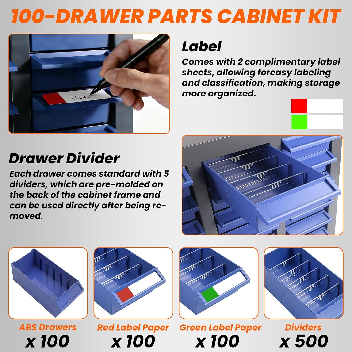 100-Drawer Nut and Bolt Organizer, 26'L X 9'W X 46'H Part Cabinet Bolt and Nut Tool Storage, Built-In Removable Partition, ABS Material Bolts Bin Tool for Workshop, Office