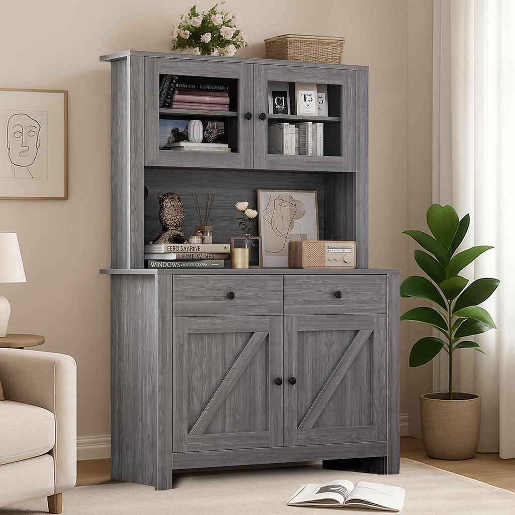 IDEALHOUSE 63' Kitchen Pantry Cabinet with Drawers, Hutch Cabinet with Storage, Microwave Stand, Adjustable Shelves, Freestanding Tall Pantry Storage for Dining Room, Living Room, Grey