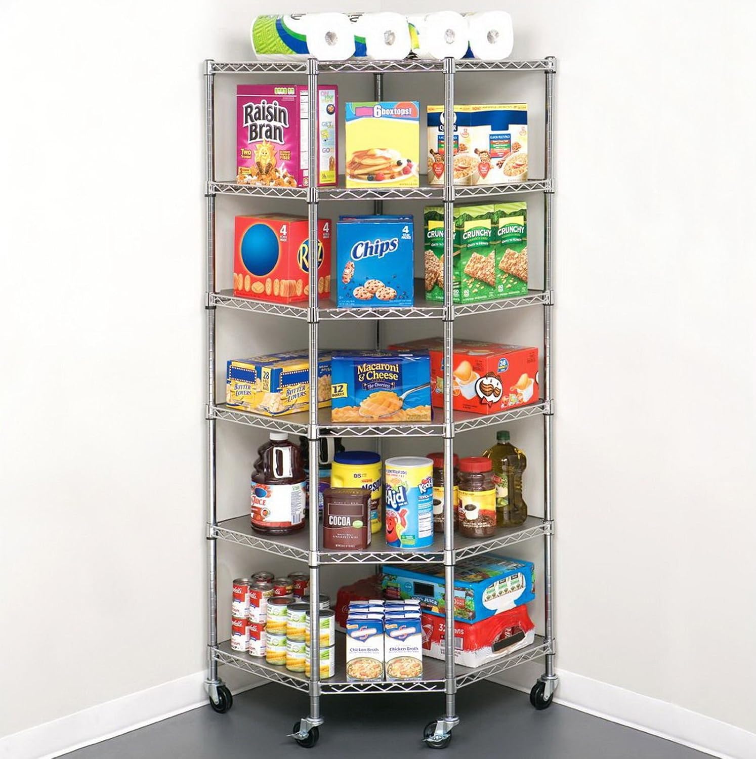 6-Tier NSF Corner Shelving/w Wheels, 28' D x 28' W x 72' H Heavy Duty Wire Steel Shelf Garage Storage Shelving Rack Chrome