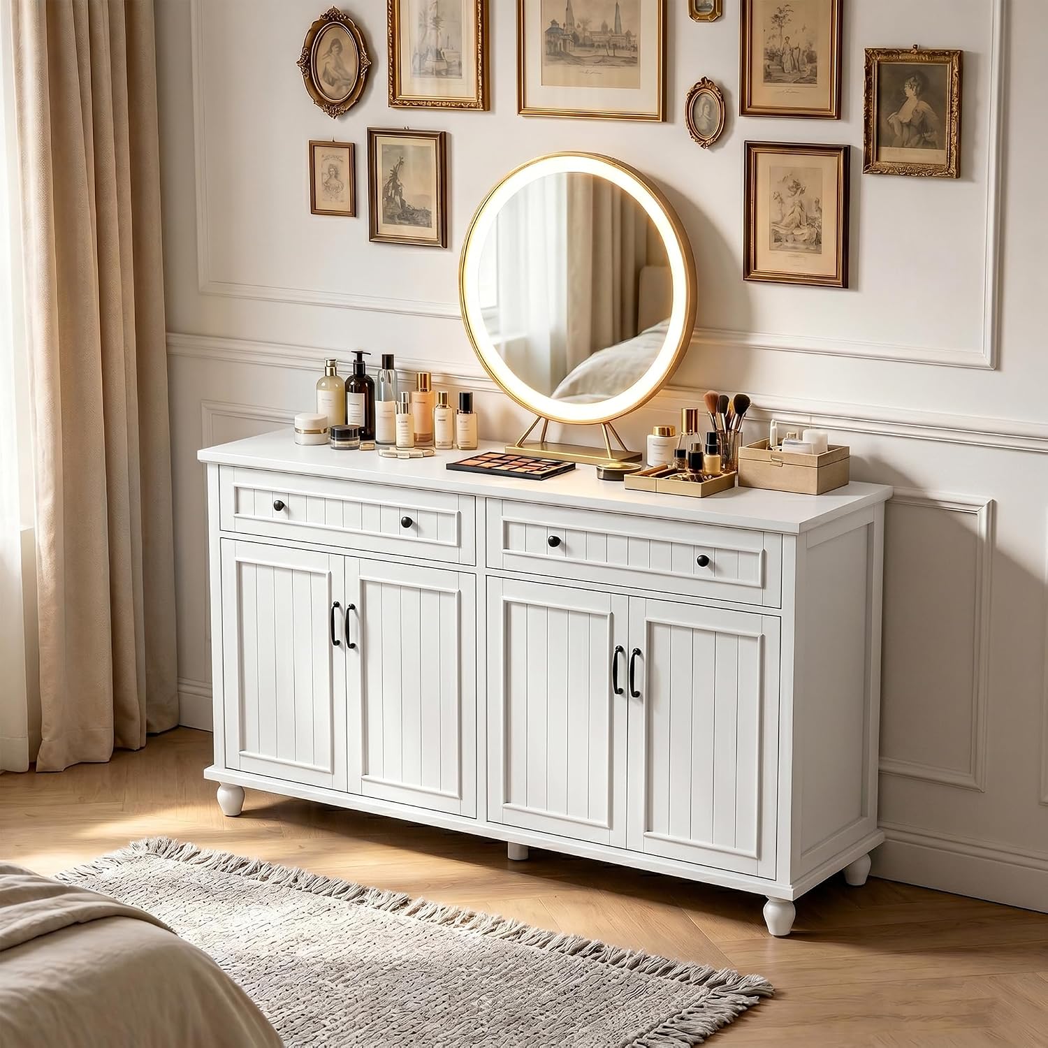 Scurrty Sideboard Buffet Cabinet, 62'' Large Storage Cabinet with Drawers and 4 Doors, Vintage Coffee Bar Cabinets with Adjustable Shelf for Kitchen, Living Room, White