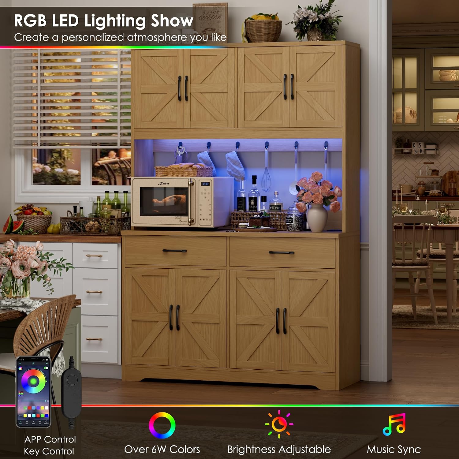 HIFIT 71' Tall Kitchen Pantry Cabinet with RGB LED and Charging Station, Farmhouse Coffee Bar Cabinet with Large Countertop and 6 Hooks, Kitchen Hutch Storage Cabinet, Natural