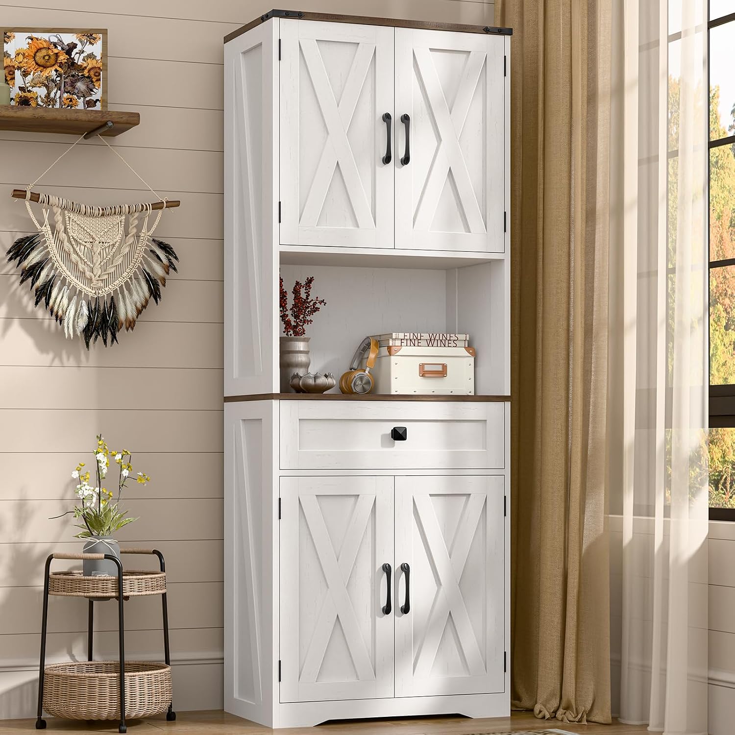 Halitaa Tall Kitchen Pantry Storage Cabinet, Farmhouse Storage with Organizer, Large Capacity Bathroom Cabinet with Drawer,Freestanding Cupboard for Kitchen, Dining Room, White