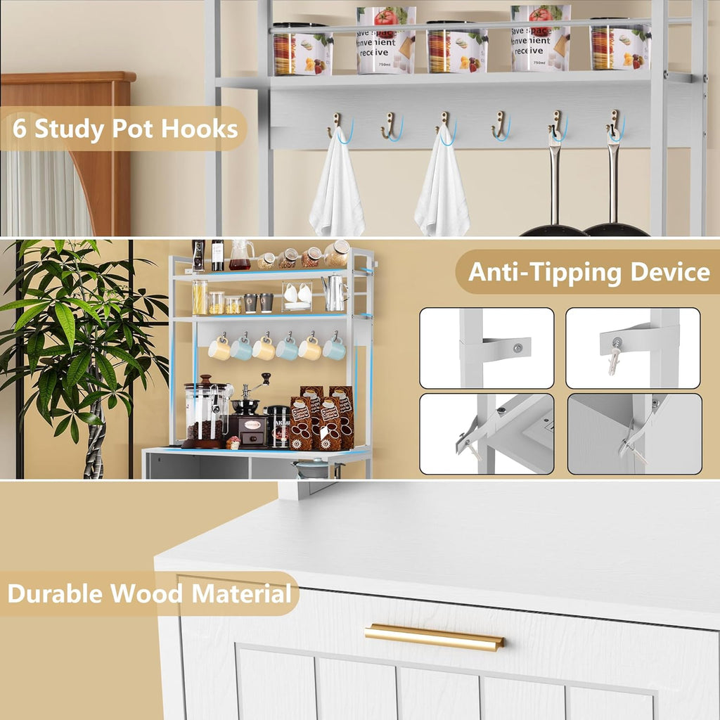 Kitchen Bakers Rack with Storage Shelf - 6-Tier Microwave Stand Oven Cabinet W/Tilting Trash Can Bin and Power Outlet, Farmhouse Thickened Coffee Bar Table Station W/6 Hooks&Adjustable feet