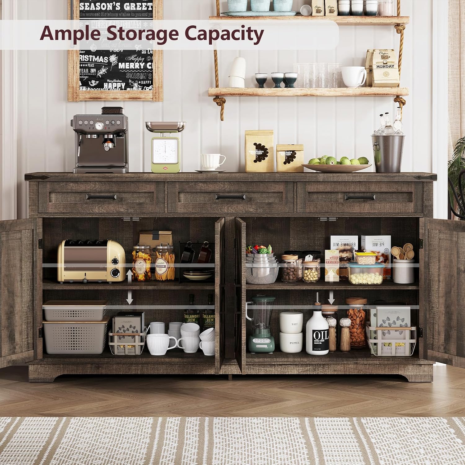 usikey Buffet Cabinet, 61' Large Sideboard Buffet Storage Cabinet with 3 Drawers, Farmhouse Coffee Bar with 4 Doors, Buffet Table for Kitchen, Living Room, Antique Oak