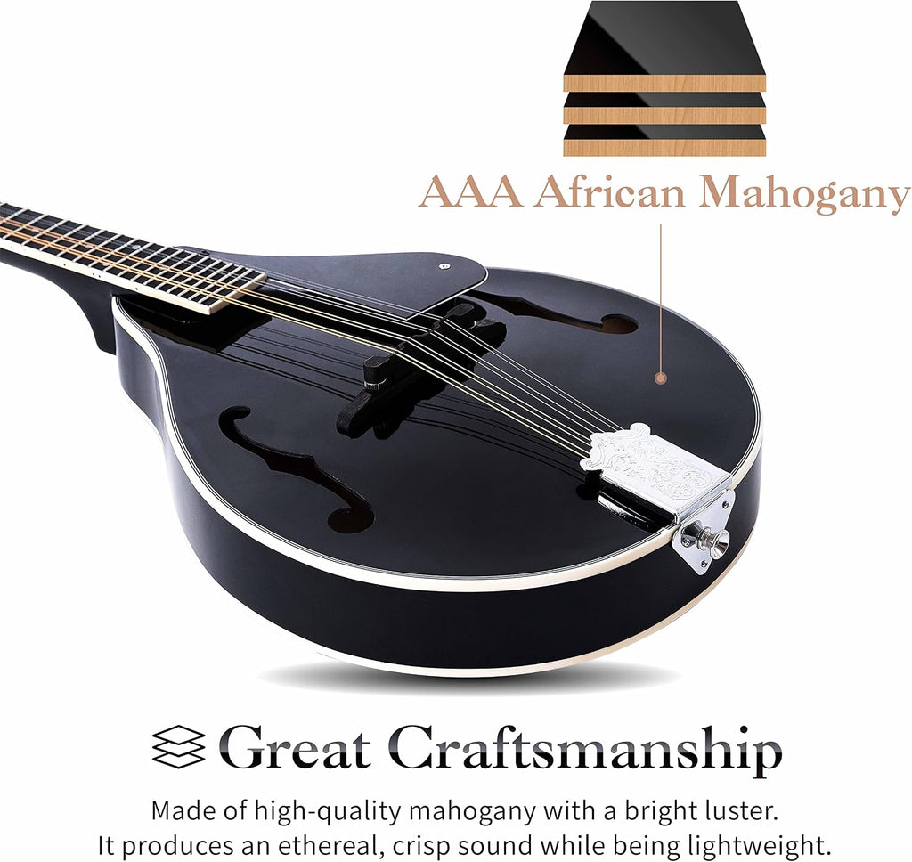 Mulucky A Style Mandolins Instrument, 8 String Acoustic Mandolin with Beginner Kit, Case, Tuner, String, Picks - Black