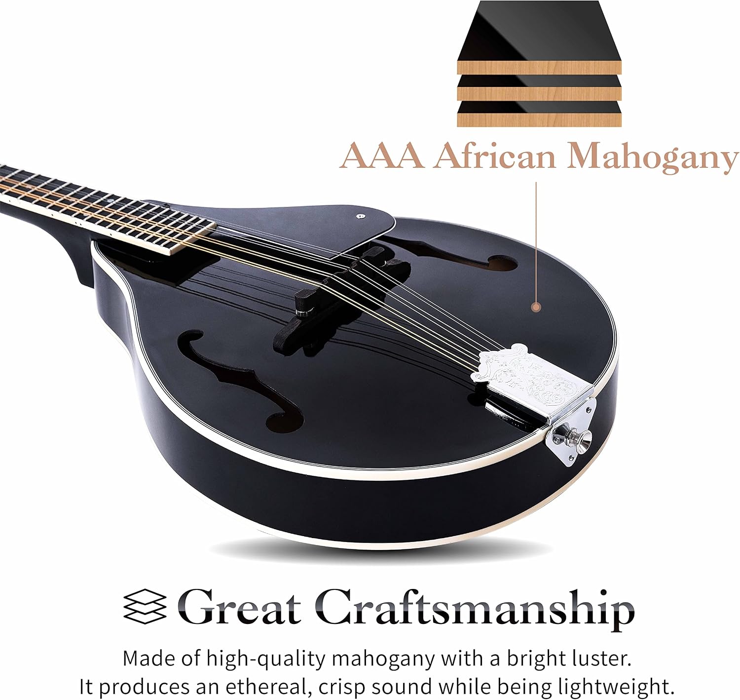 Mulucky A Style Mandolins Instrument, 8 String Acoustic Mandolin with Beginner Kit, Case, Tuner, String, Picks - Black