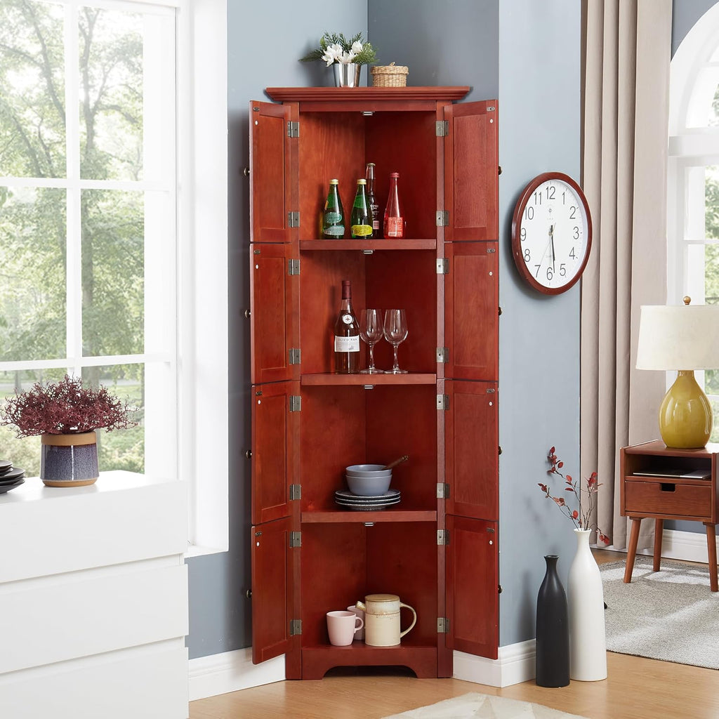 72' Corner Design Freestanding Storage Cabinet, Kitchen Storage Bakers Rack with Sleek Metal Handles, Utility Food Cupboard with 4-Tier Shelves for Kitchen, Bathroom, Living Room, Cherry