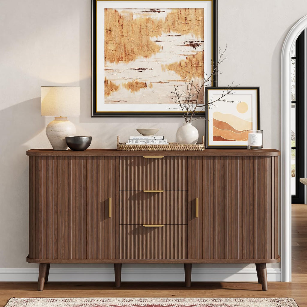 Lulive Walnut Buffet Cabinet, 55' Wide Sideboard Buffet Storage Cabinet with Rolling & Sliding Doors, Modern Bar Cabinet for Kitchen & Dining Room
