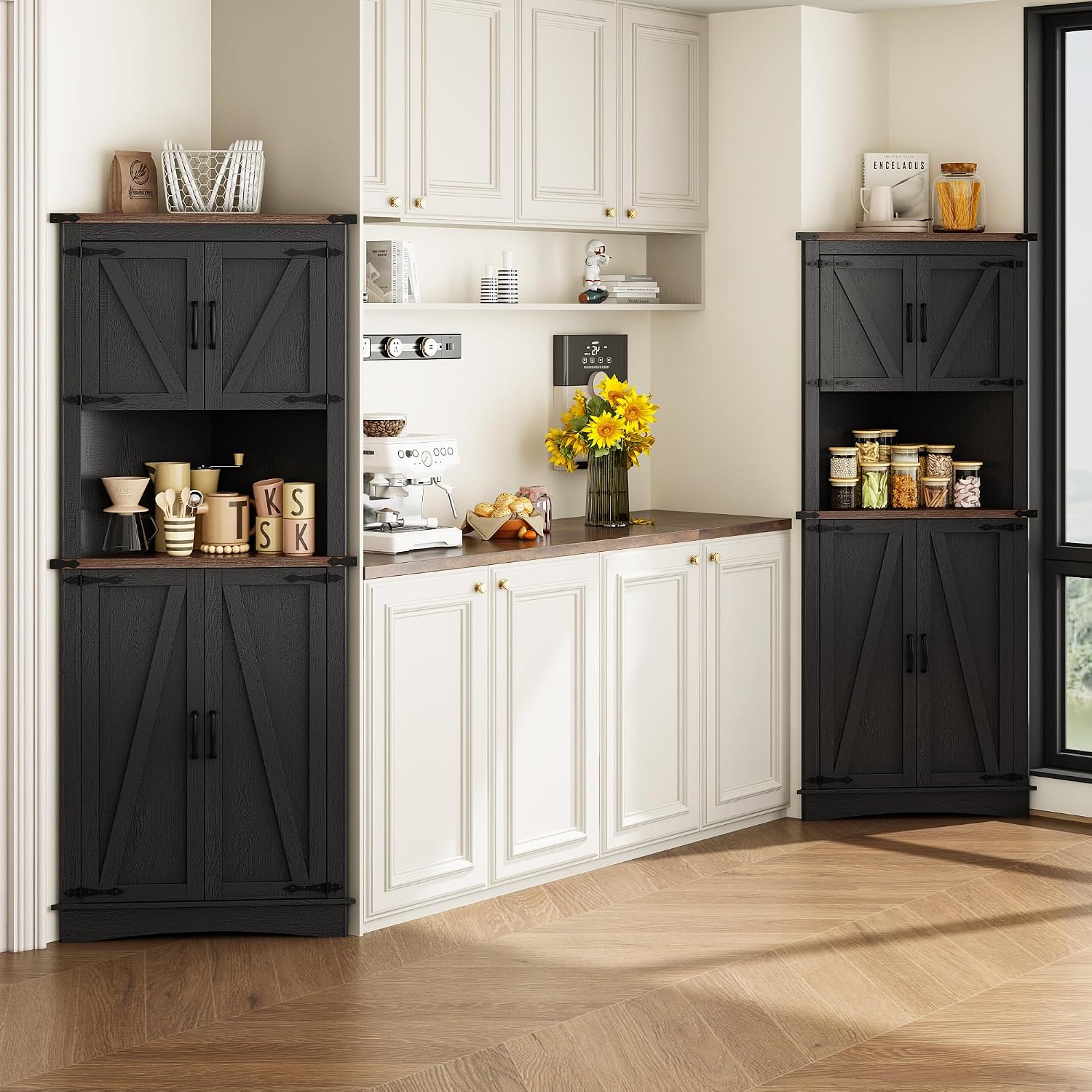 chartustriable 68' Tall Farmhouse Corner Cabinet, 28.3' Corner Storage Cabinet with 4 Doors and Adjustable Shelves, Tall Barn Door Cabinets with 5 Storage Shelves, for Kitchen, Bathroom, Black
