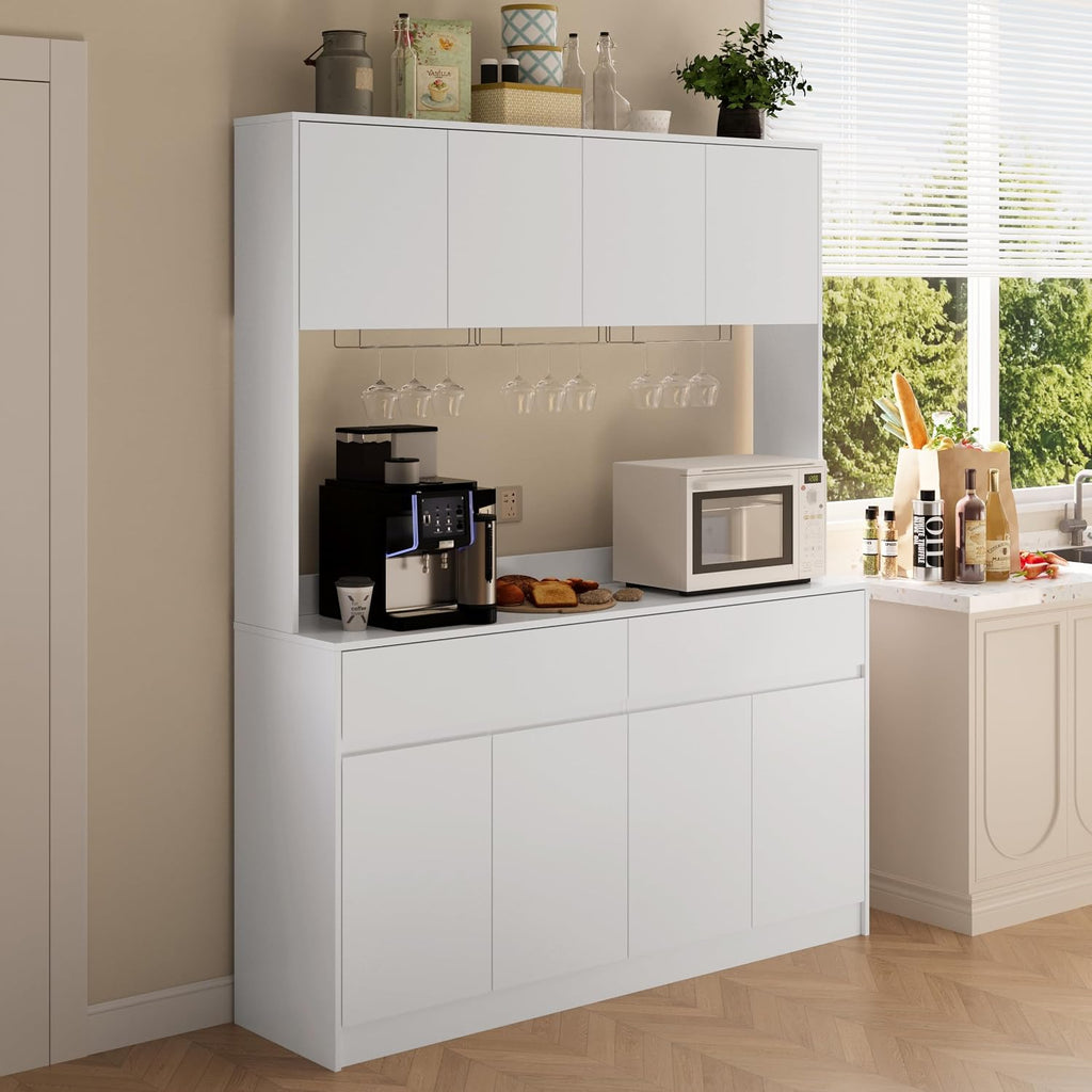 Mekminop Kitchen Hutch Storage Cabinet, 63' W Large Pantry Cabinets with Microwave Oven Countertop, Freestanding Kitchen Pantry Storage Cabinet with 4 Doors, 2 Drawers and 7 Shelves, White