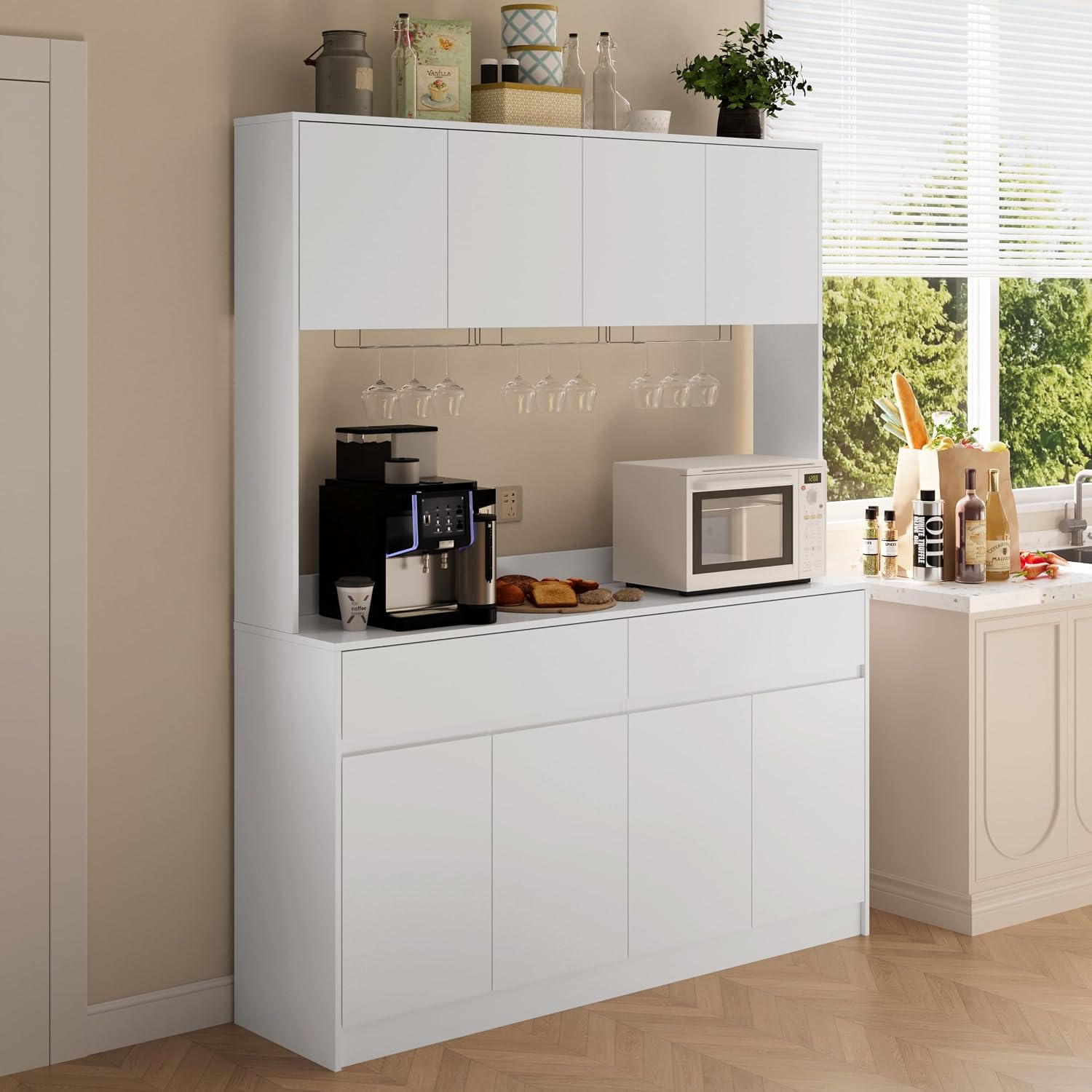 Mekminop Kitchen Hutch Storage Cabinet, 63' W Large Pantry Cabinets with Microwave Oven Countertop, Freestanding Kitchen Pantry Storage Cabinet with 4 Doors, 2 Drawers and 7 Shelves, White