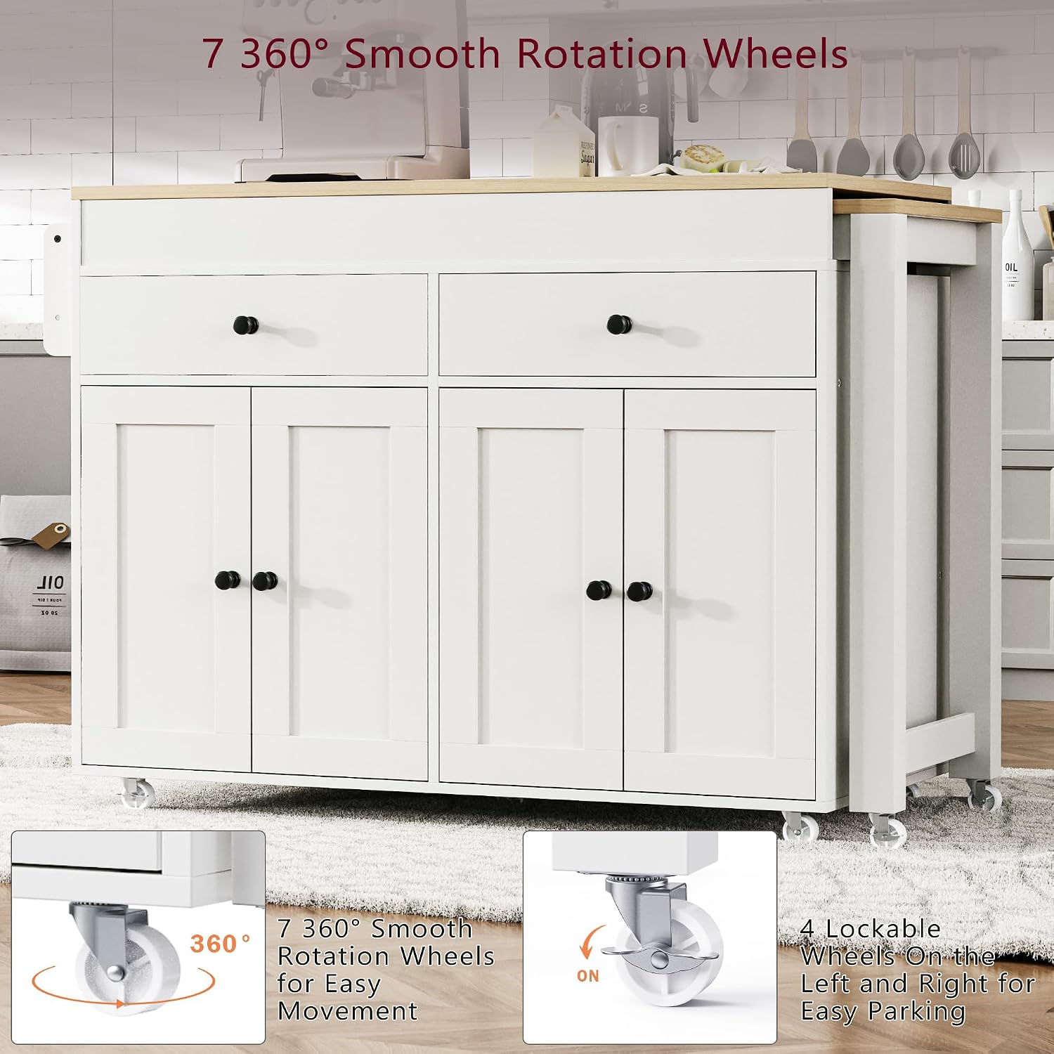 74.5' Rolling Kitchen Island with Extendable Dining Table, Kitchen Storage Cart on Wheels with 2 Drawers, Spice Rack, 4 Door Cabinet for Kitchen, Dining Room, White