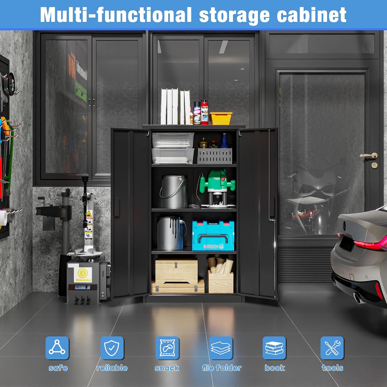 Metal Garage Storage Cabinet, Lockable Steel Storage Cabinet with 3 Adjustable Shelves for Garage, Office, Home, Assembly Required, Black, 15.75' D × 31.50' W × 55.12' H