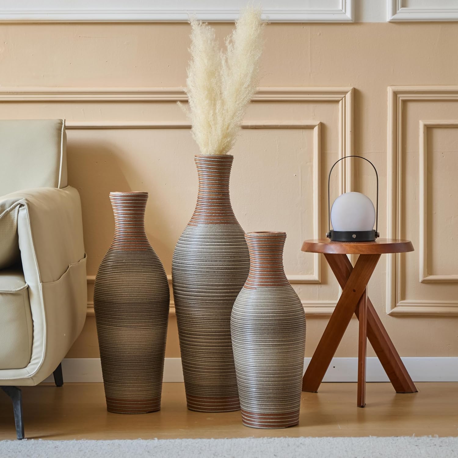 Floor PVC Decorated Vases Set of 3 for Gorgeous Home Decoration Large Classic PVC Vase 20.4in/24.4in/28.3in Height (Brown+Grey)