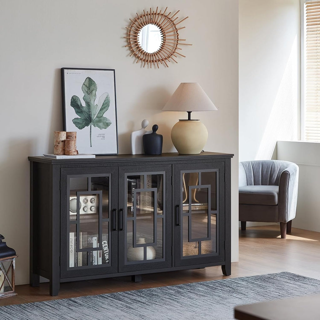 Joaxswe Large Sideboard Buffet Cabinet with Storage, 55' Farmhouse Black Kitchen Coffee Wine Bar Cabinet with 3 Glass Doors, Wood Mid Century Modern Side Board Table for Dining Room, Living Room