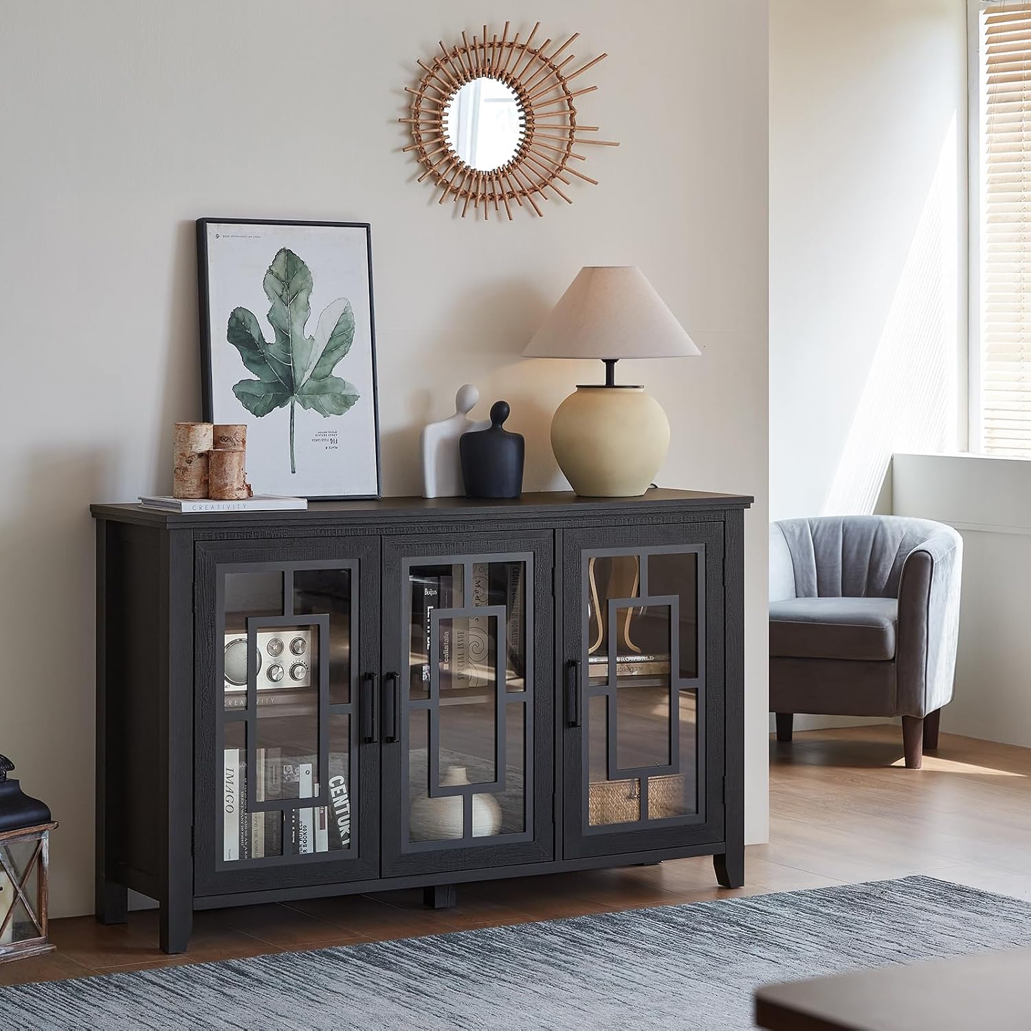 Joaxswe Large Sideboard Buffet Cabinet with Storage, 55' Farmhouse Black Kitchen Coffee Wine Bar Cabinet with 3 Glass Doors, Wood Mid Century Modern Side Board Table for Dining Room, Living Room