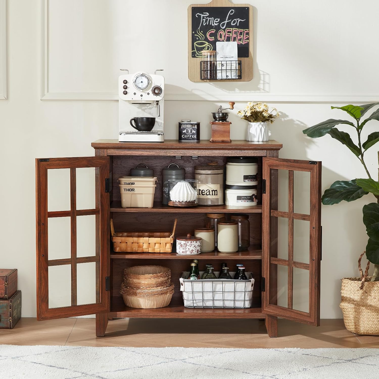 Joaxswe Large Sideboard Buffet Cabinet with Storage, 32' Farmhouse Brown Kitchen Coffee Wine Bar Cabinet with 2 Glass Doors, Wood Mid Century Modern Side Board Table for Dining Room, Living Room