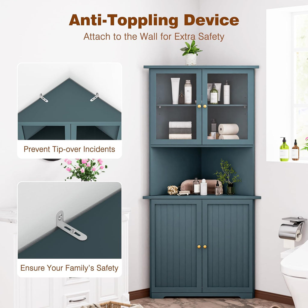 Yardenaler 71'' Tall Corner Cabinet, Freestanding Corner Storage Hutch with Doors and Shelves for Living Room, Bathroom, Kitchen, Blue