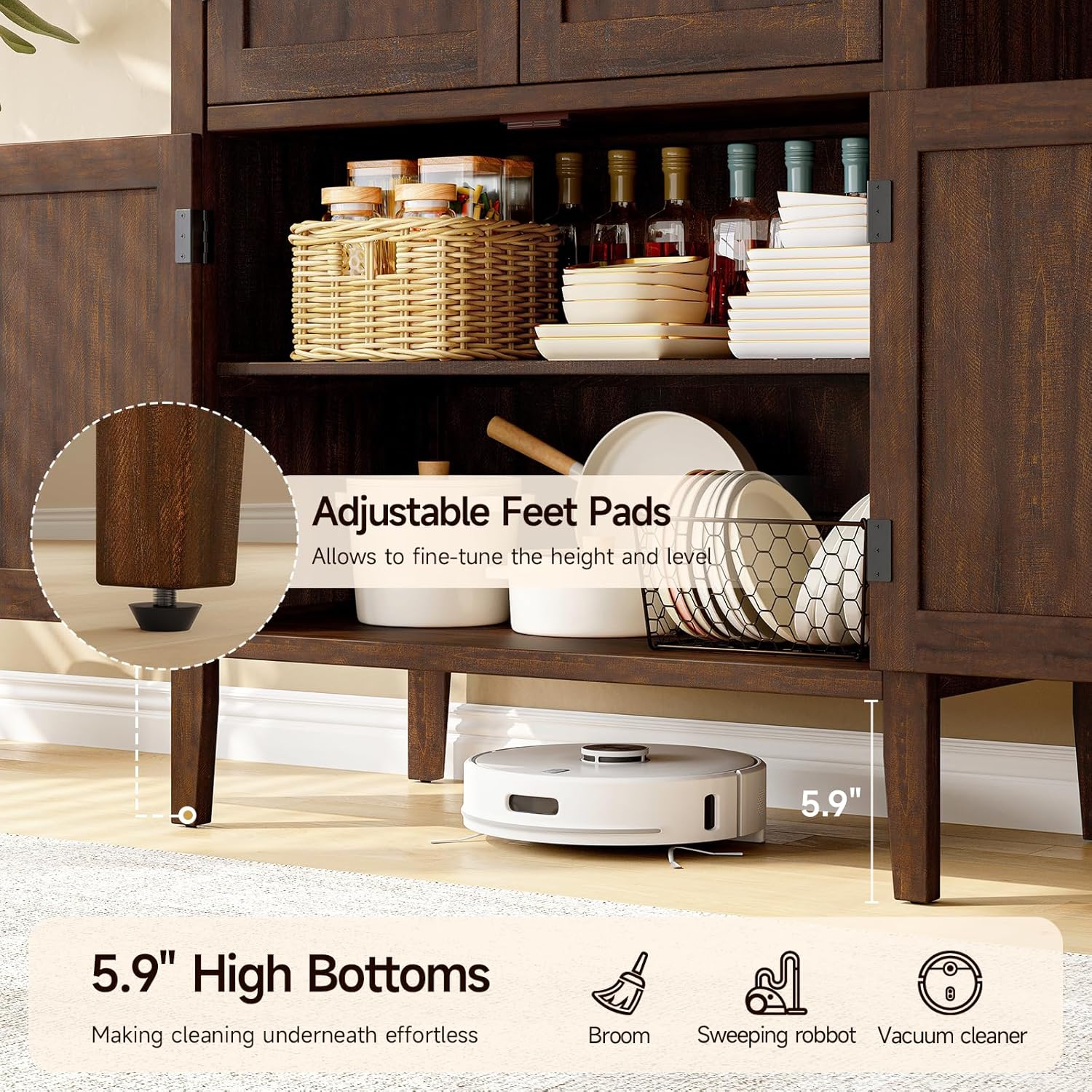 ONBRILL 71' Tall Wooden Arched Cabinet, 5-Tier Arched Kitchen Pantry Cabinet with Doors & Shelves, Farmhouse Kitchen Arch Cabinets with Adjustable Feet, Wooden Pantry Storage for Dining Room(Brown)